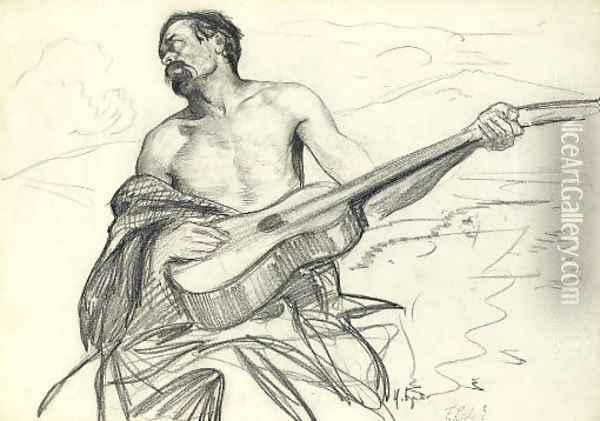 Study of a man with a guitar Oil Painting - Franz Roubaud