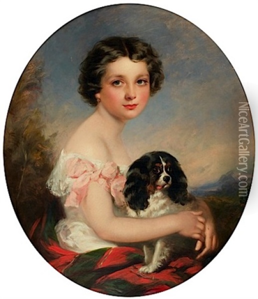 Portrait De Jeune Fille Avec Son Cavalier King Charles Oil Painting - Richard Buckner