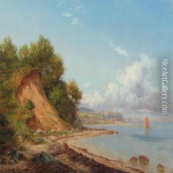 Coastel Scenery With Sailing Boat At Sea Oil Painting - Nordahl Peter Frederik Grove