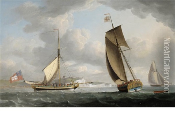 A Trinity House Yacht In Two Positions Off Dover, With A View Of The Castle And Cliffs Beyond Oil Painting - Robert Dodd