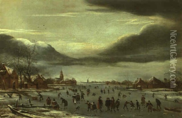 Figures Skating On A Frozen Canal Oil Painting - Aert van der Neer