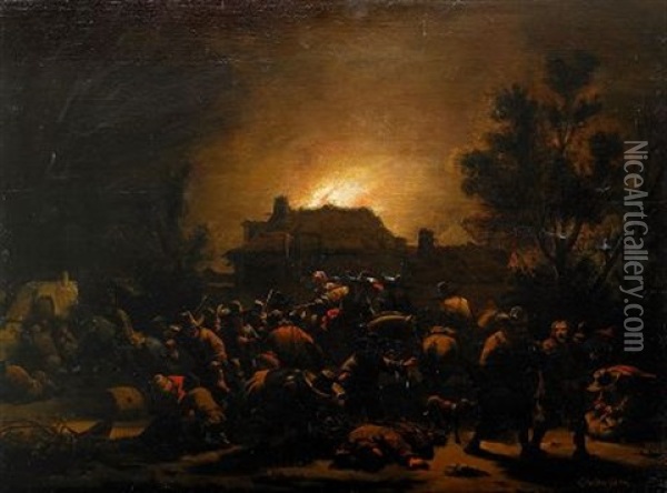 Plundrande Soldater Vid En Brinnade By Oil Painting - Egbert Lievensz van der Poel