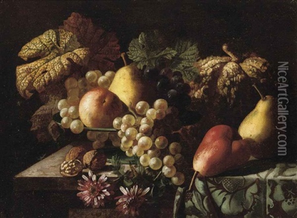 Pears, A Pumpkin, Grapes, An Apple, Walnuts And Daisies On A Partly-draped Table Oil Painting - Jan Frans Van Dael