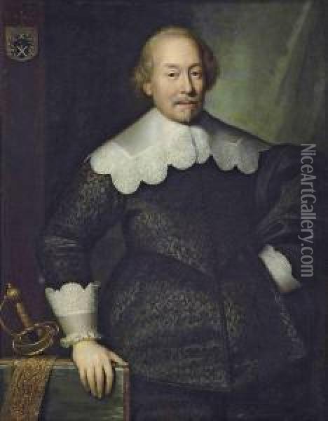 Portrait Of A Member Of The 
Hoeufft Family, Possibly Arnold Hoeufft, Of Cologne, 
Three-quarter-length, In A Black Doublet With Lace-edged Collar And 
Cuffs, His Right Hand On A Table With His Sword With The Hoeufft 
Coat-of-arms Oil Painting - Cornelius Janssens Van Ceulen