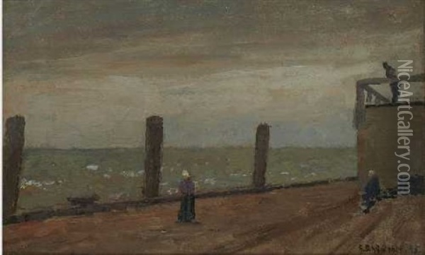 Pier In Cuxhafen (study) Oil Painting - Gustav Schoenleber