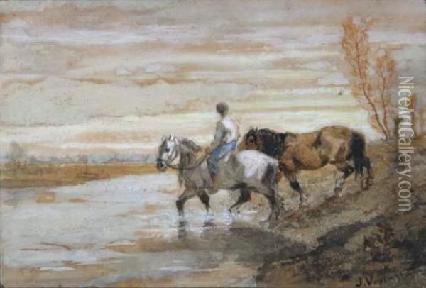 Cavalier Traversant Une Riviere Oil Painting - Jules Jacques Veyrassat