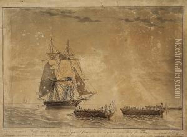 Three Handcoloured Aquatints With Naval Battle Scenes Oil Painting - Niels Truslew