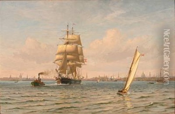 A Tugboat Pulls A Sail Ship Out Of Copenhagen Harbour Oil Painting - Vilhelm Karl Ferdinand Arnesen
