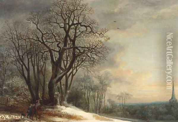 Travellers on a snowy path overlooking a valley, at sunset Oil Painting - Gijsbrecht Leytens