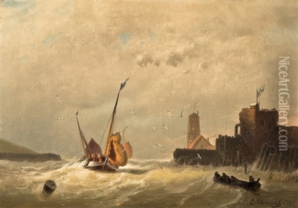 Fischerboote In Einer Flussmundung Oil Painting - Andreas Achenbach