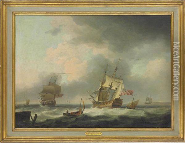 A '74' And A Frigate In A Stiff Breeze In The Channel Oil Painting - Charles Brooking