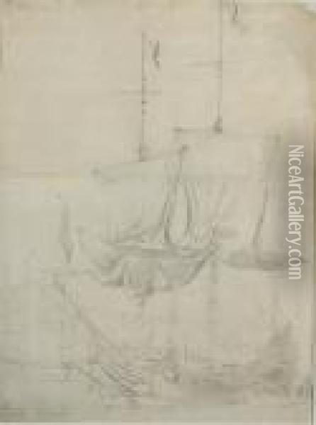 Ship With Furled Sails Oil Painting - Willem van de, the Elder Velde