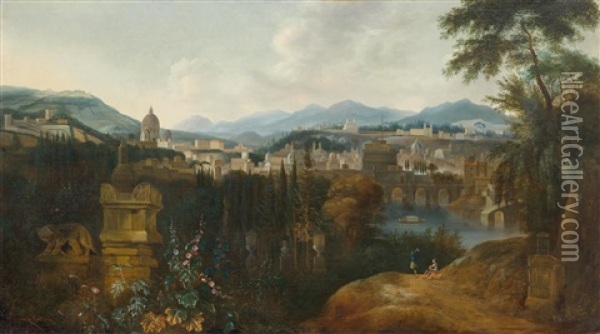 View Of Rome From The Gianicolo, With View Of Castel Sant'angelo And The Dome Of St Peter's, With A Forest Still Life In The Foreground Oil Painting - Matthias Withoos