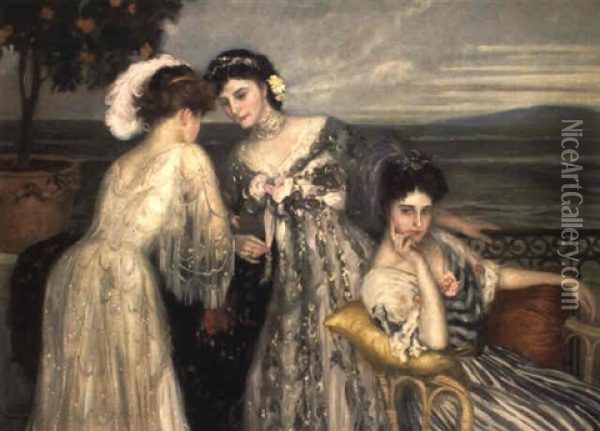 Les Trois Elegantes En Robe Du Soir Sur Une Terrasse Oil Painting - Henry Caro-Delvaille