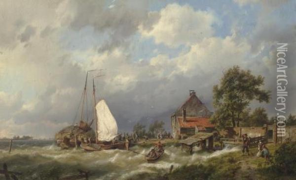 Boats Docking In An Estuary Oil Painting - Hermanus Koekkoek