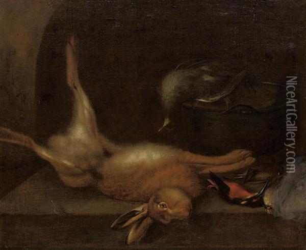 A Dead Hare And Birds On A Stone Ledge Oil Painting - Jan Weenix