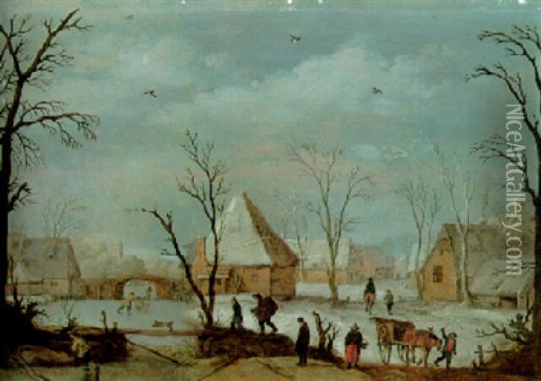 Village In Winter With Peasants And A Traveller On A Track With A Footbridge Over A Frozen Waterway Oil Painting - Reyer Claesz