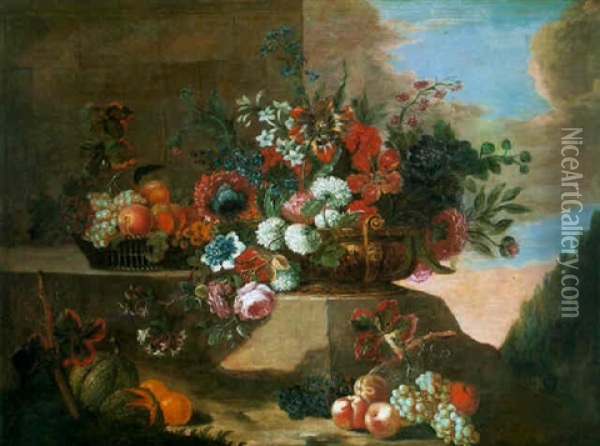 Nature Morte A La Vasque De Fleurs Et Aux Fruits Sur Un Muret Oil Painting - Jean-Baptiste Belin de Fontenay the Elder
