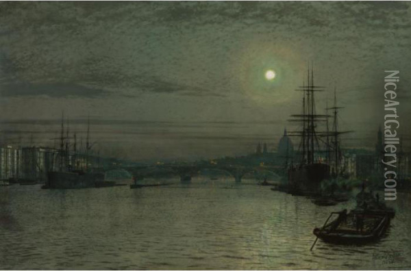 London Bridge -- Night Oil Painting - John Atkinson Grimshaw