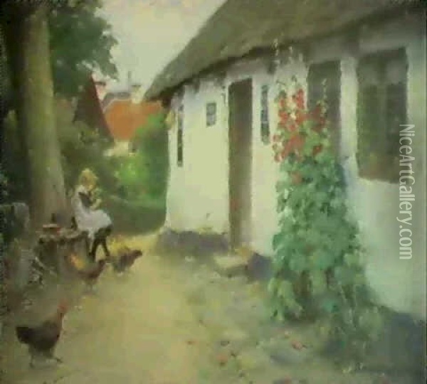 Lille Pige Udenfor Bondehus Med Stokrosor Oil Painting - Hans Andersen Brendekilde