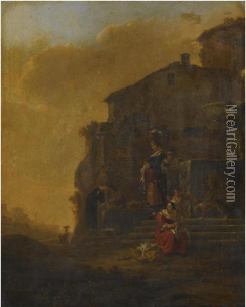 An Italianate Landscape With Washerwomen In The Foreground Oil Painting - Thomas Wyck