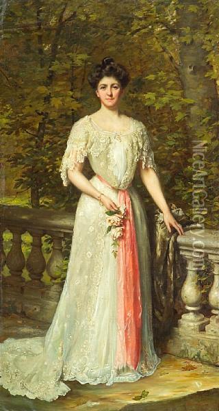 A Portrait Of A Lady In A White Dress With A Pink Sash By A Balustrade Oil Painting - Thomas Benjamin Kennington