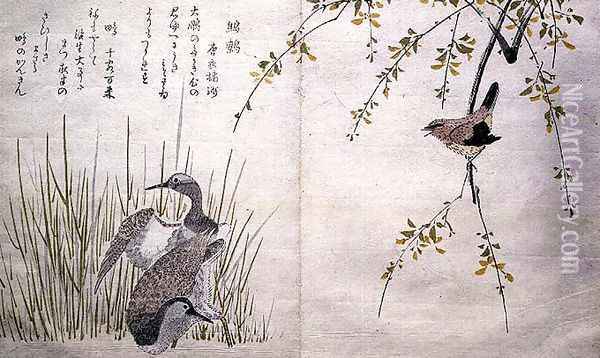 Wren and a pair of Snipe, from an album Birds compared in Humorous Songs, 1791 Oil Painting - Kitagawa Utamaro