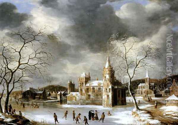 A castle on a frozen lake with skaters Oil Painting - Abraham Beerstraten