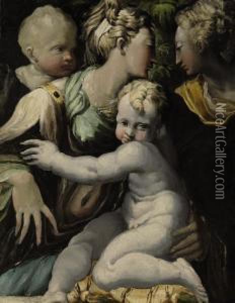 The Madonna And Child With The Infant Saint John The Baptist Andsaint Catherine Oil Painting - Girolamo Miruoli