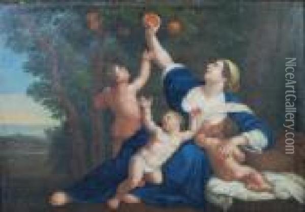 Allegorical Scene Of A Woman With Three Children Beneath A Pomegranate Tree Oil Painting - Adam Elsheimer
