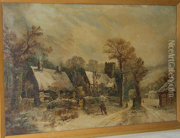 Village Scene In Winter Oil Painting - Harry Foster Newey