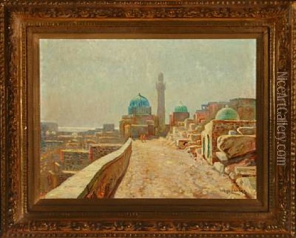 A Persia Street Scene With Persons And A Larger Mosque Oil Painting - Olaf Viggo Peter Langer