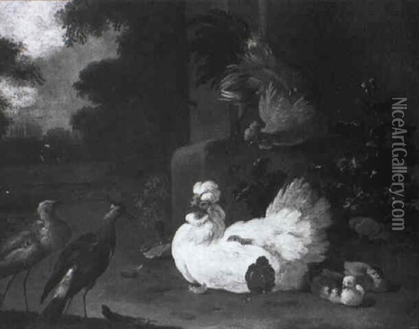 A Ruff, A Lapwing And Chickens By A Stone Plinth Oil Painting - Adriaen van Oolen