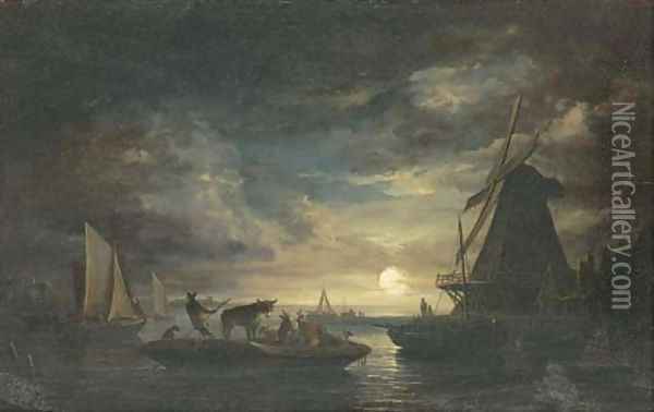Cattle on a barge in a moonlit landscape Oil Painting - Edward Williams
