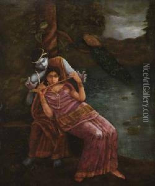 Radhakrishna Oil Painting - Hemendranath Mazumdar