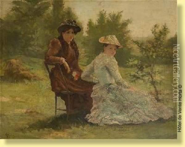 Deux Jeunes Femmes Conversant Dans Un Parc. Oil Painting - Aime Stevens