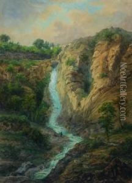 Une Paire De Paysages Montagneux Animes Avec Cascades Oil Painting - Gaspard Gobaut