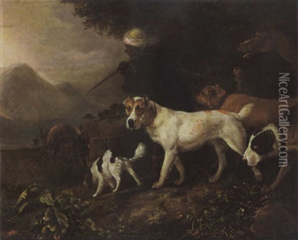 Huntsmen With A Servant, Horses And Hounds On A Path Oil Painting - Adriaen Cornelisz Beeldemaker