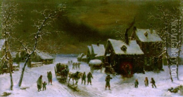 Verschneites Dorf Mit Durchziehenden Soldaten Oil Painting - Louis-Claude Malbranche