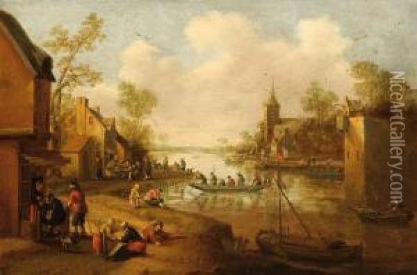 People On A River Embankement In A Village Oil Painting - Cornelius Droochsloot