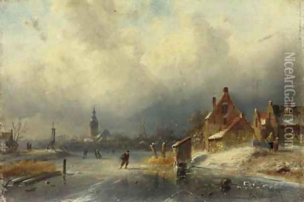 Figures on the ice by a Dutch town Oil Painting - Charles Henri Leickert