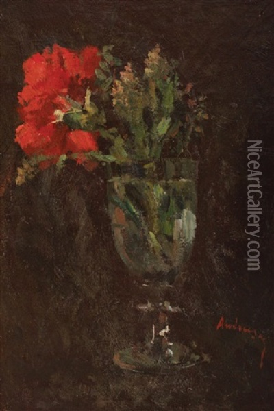 Red Carnation In Glass Oil Painting - Ioan Andresscu
