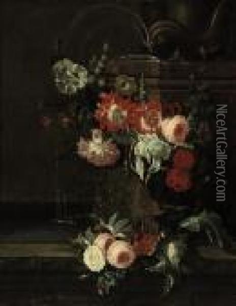 An Iris, Ornamental Poppies, 
Roses, Hollyhocks And Other Flowersdecorating A Classical Fountain Oil Painting - Pieter III Casteels