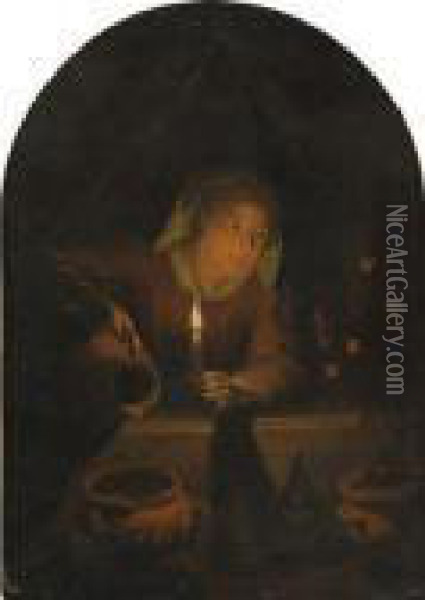 A Young Woman Watering Potted Plants By Candlelight Oil Painting - Gerrit Dou