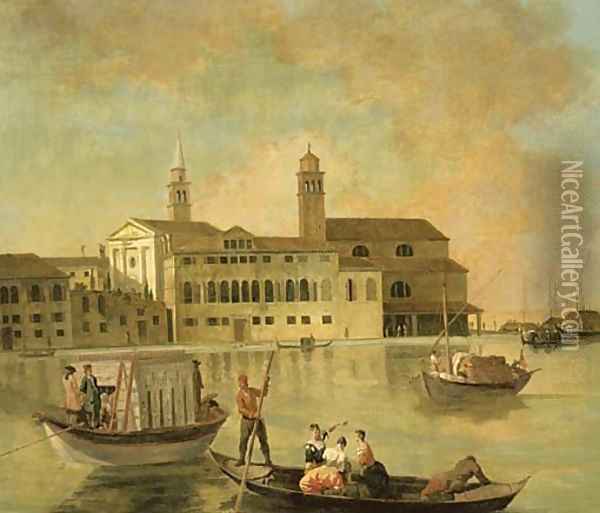 Venice, a view of San Biagio and the church of San Biagio e Cataldo on the Giudecca with elegant figures in a burchiello Oil Painting - Johann Richter