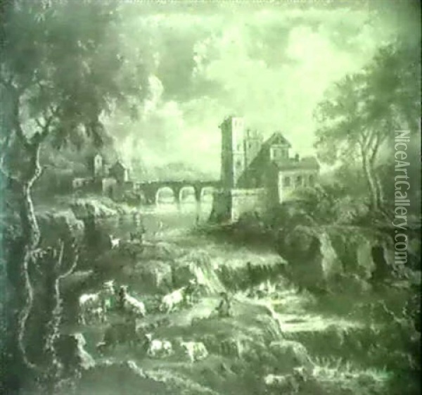 Paesaggio Fluviale Con Pastori E Armenti Oil Painting - Johann Melchior Roos