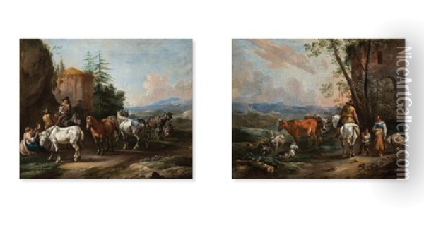 Pasterze Z Konmi Przed Ruina, Rodzina Pasterzy Z Bydlem Przed Ruina Oil Painting - Simon Johannes van Douw