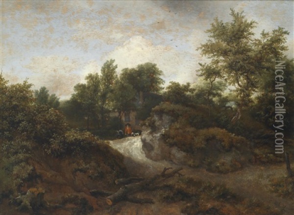 Bewaldete Landschaft Mit Zwei Personen Und Einem Hund Auf Einem Sandweg Oil Painting - Jacob Van Ruisdael