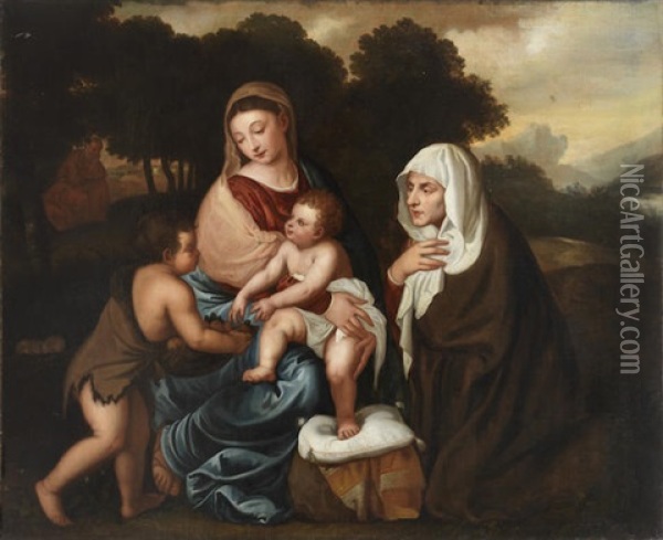 The Holy Family With Saint John The Baptist And Saint Elizabeth Oil Painting - Polidoro da Lanciano