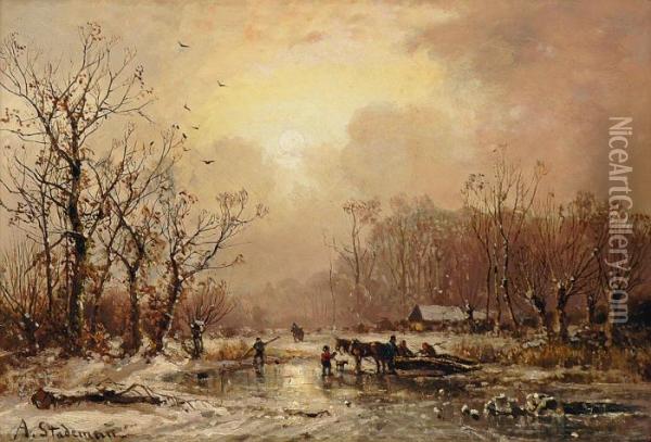 Winterliche Flusslandschaft Oil Painting - Adolf Stademann
